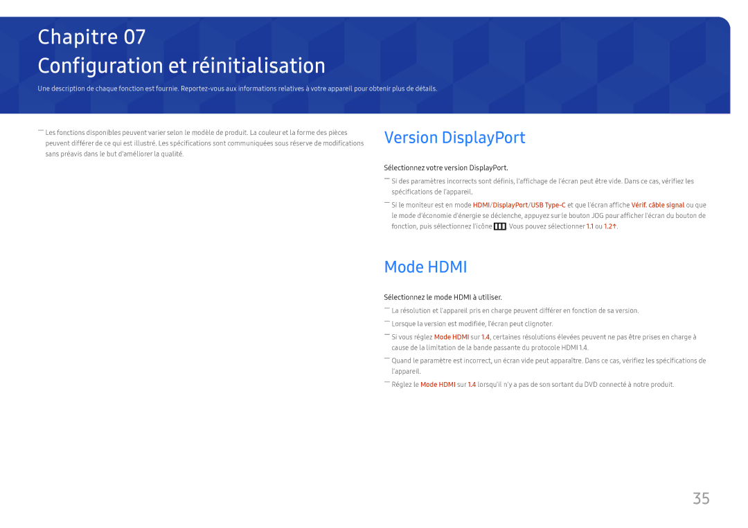 Samsung LC34H890WJUXEN manual Configuration et réinitialisation, Version DisplayPort, Mode Hdmi 