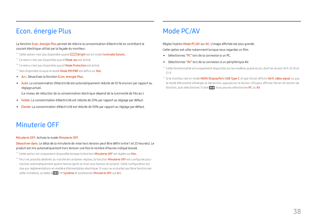 Samsung LC34H890WJUXEN manual Econ. énergie Plus, Minuterie OFF, Mode PC/AV 