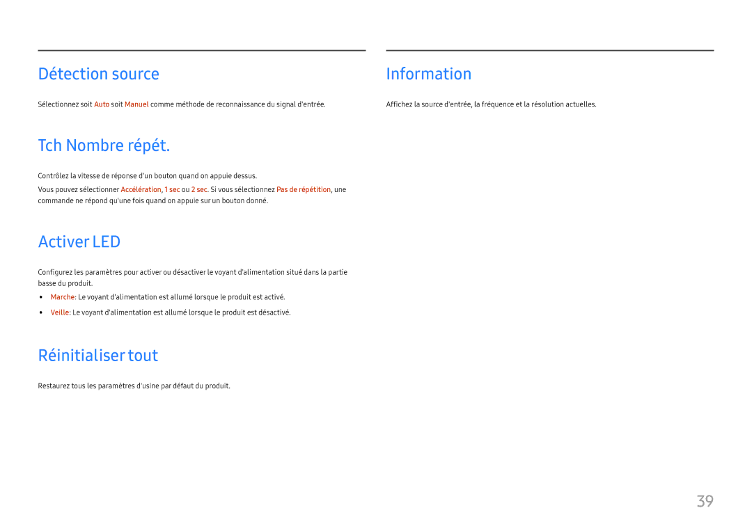 Samsung LC34H890WJUXEN manual Détection source Information, Tch Nombre répét, Activer LED, Réinitialiser tout 