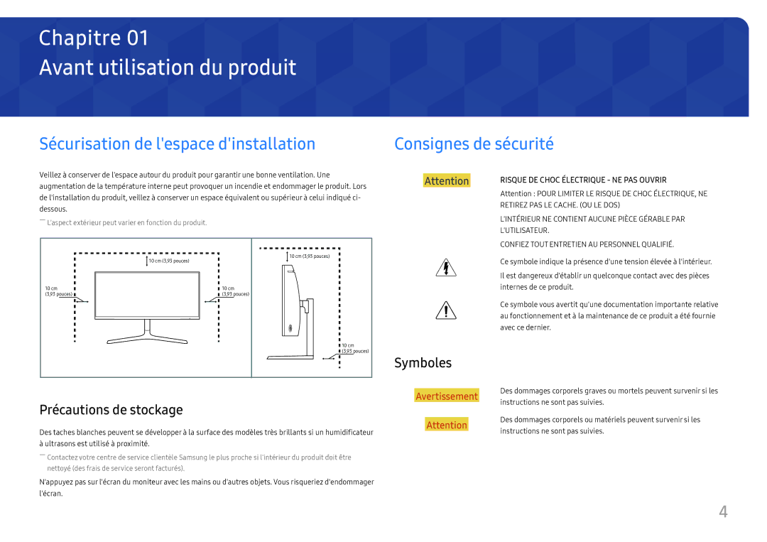 Samsung LC34H890WJUXEN manual Avant utilisation du produit, Sécurisation de lespace dinstallation, Consignes de sécurité 