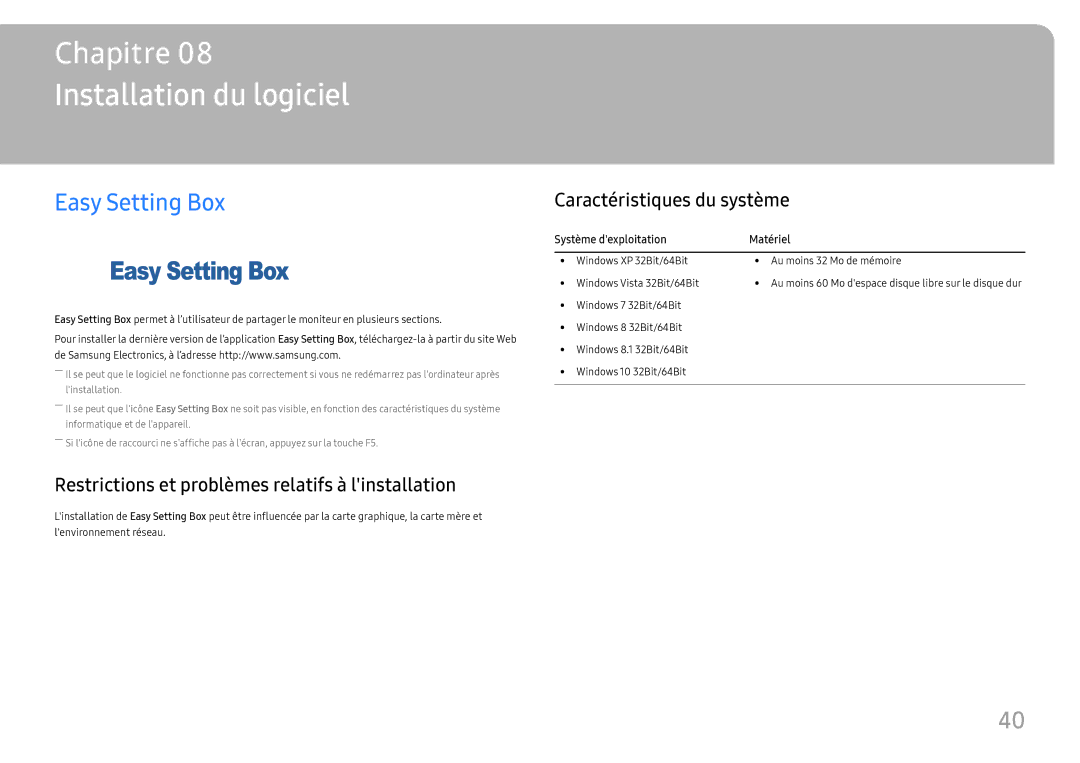 Samsung LC34H890WJUXEN Installation du logiciel, Easy Setting Box, Restrictions et problèmes relatifs à linstallation 