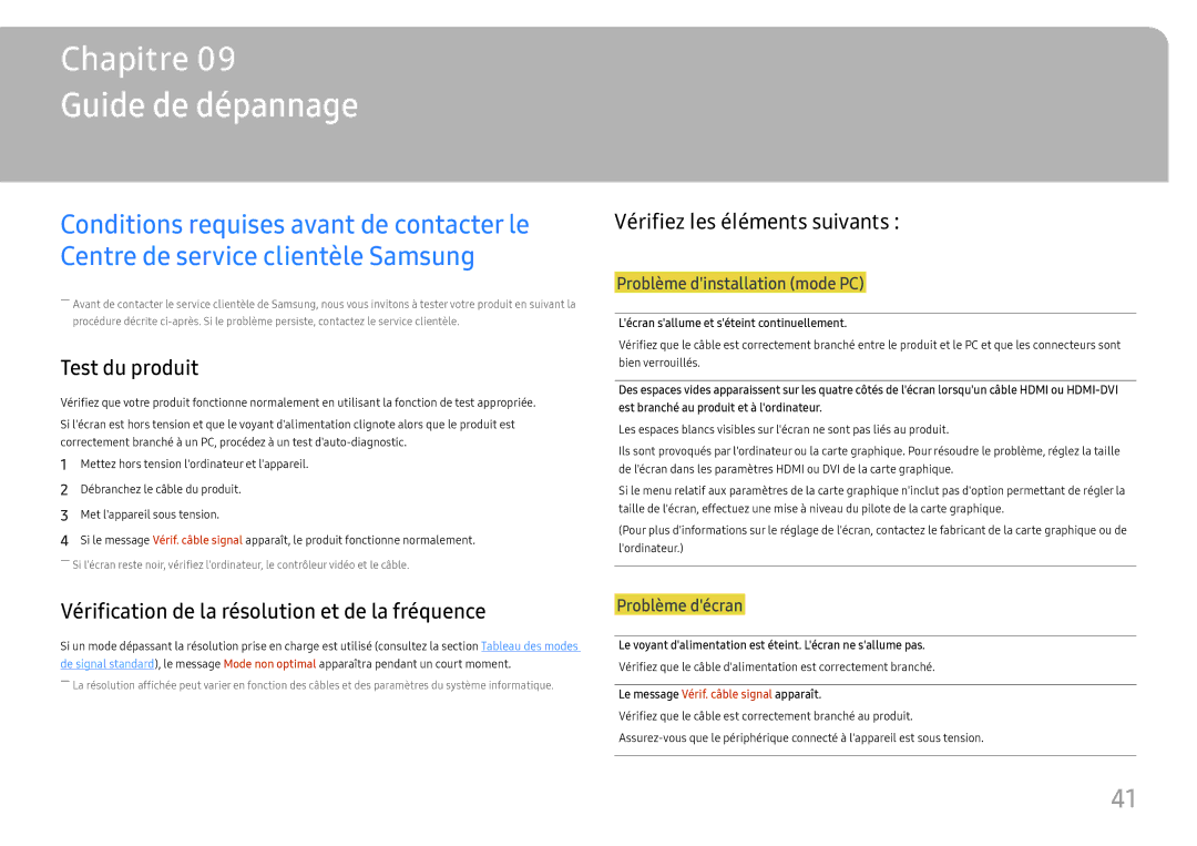 Samsung LC34H890WJUXEN manual Guide de dépannage, Test du produit, Vérifiez les éléments suivants 