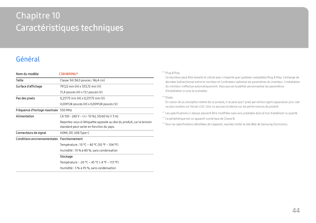 Samsung LC34H890WJUXEN manual Caractéristiques techniques, Général 