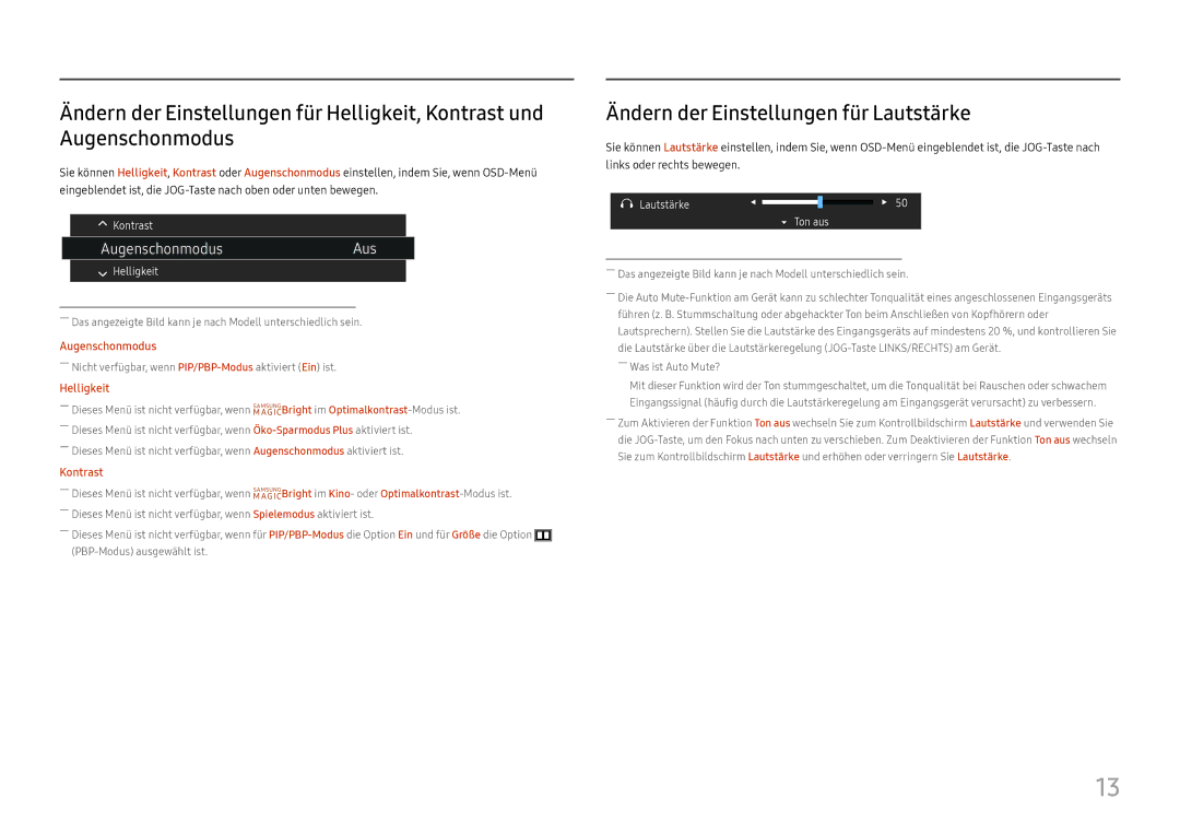 Samsung LC34H890WJUXEN manual Ändern der Einstellungen für Lautstärke, AugenschonmodusAus 