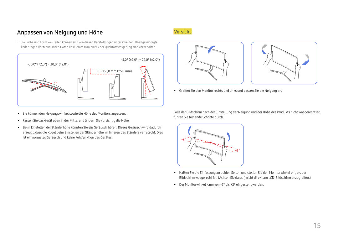 Samsung LC34H890WJUXEN manual Anpassen von Neigung und Höhe, Vorsicht 