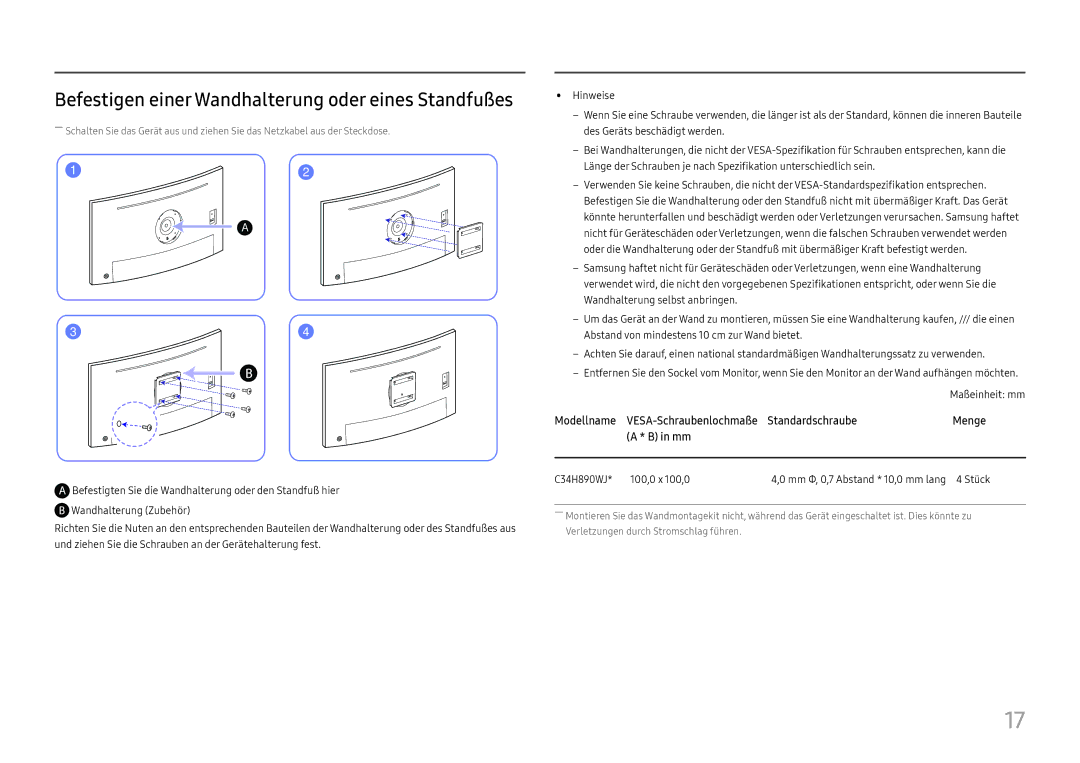 Samsung LC34H890WJUXEN manual Modellname, Standardschraube Menge 