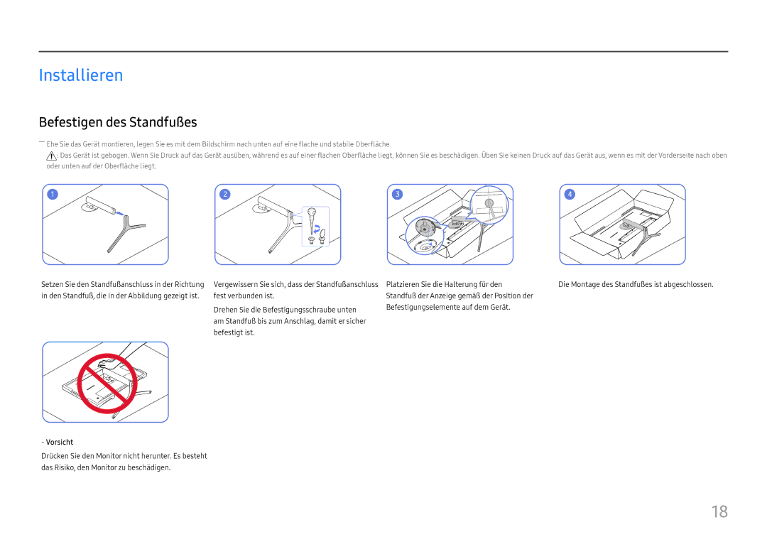 Samsung LC34H890WJUXEN manual Installieren, Befestigen des Standfußes 