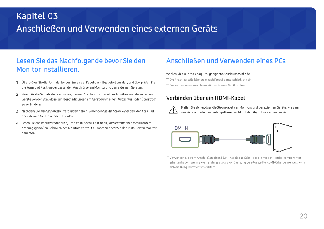 Samsung LC34H890WJUXEN manual Anschließen und Verwenden eines externen Geräts, Anschließen und Verwenden eines PCs 