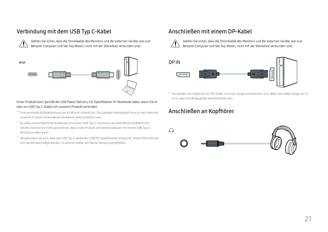 Samsung LC34H890WJUXEN manual Verbindung mit dem USB Typ C-Kabel, Anschließen mit einem DP-Kabel, Anschließen an Kopfhörer 