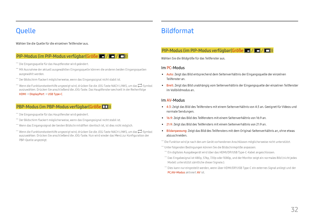 Samsung LC34H890WJUXEN manual Quelle, PIP-Modus im PIP-Modus verfügbarGröße 