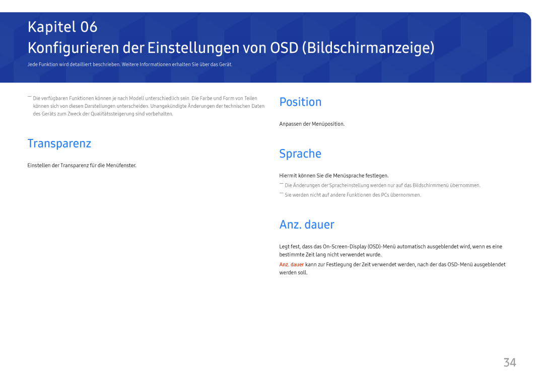 Samsung LC34H890WJUXEN manual Konfigurieren der Einstellungen von OSD Bildschirmanzeige, Transparenz, Sprache, Anz. dauer 