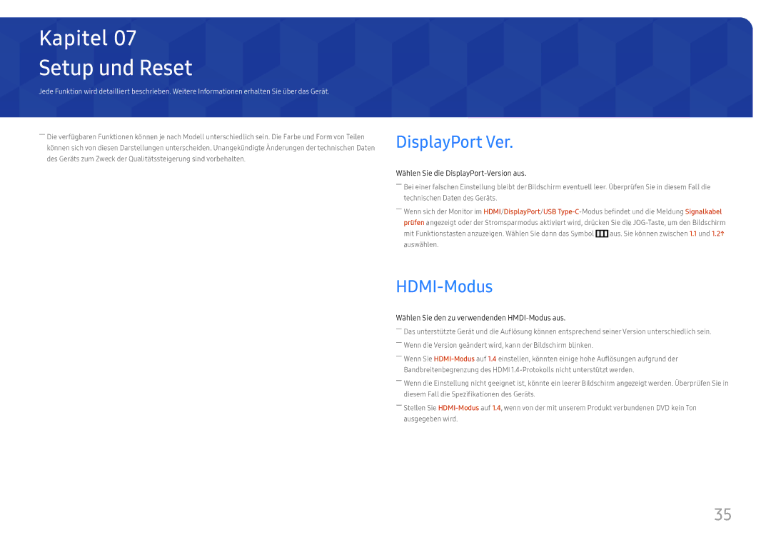 Samsung LC34H890WJUXEN manual Setup und Reset, DisplayPort Ver, HDMI-Modus 