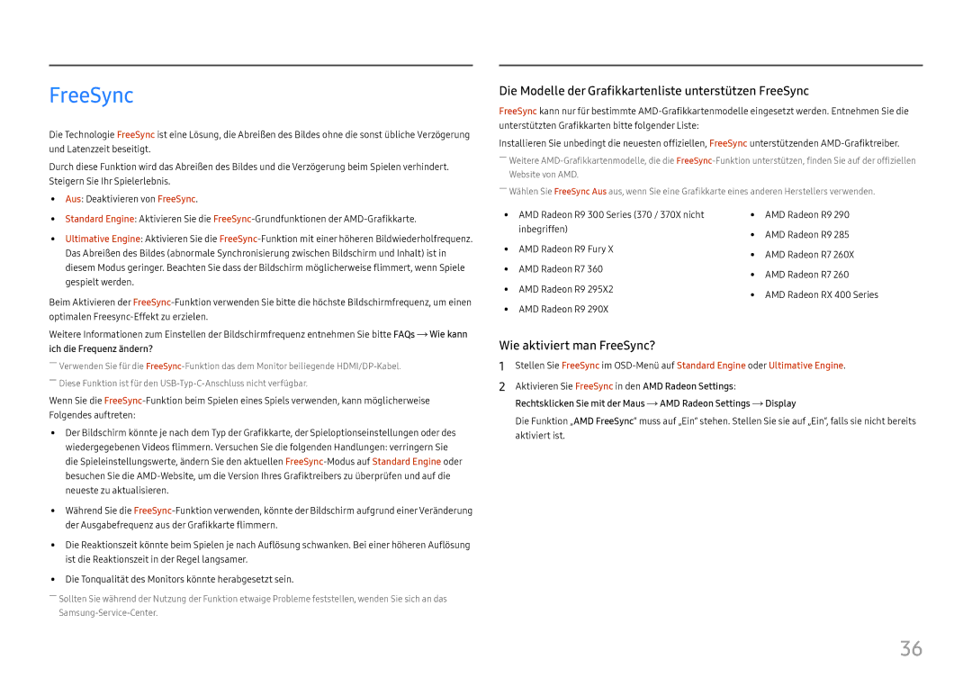 Samsung LC34H890WJUXEN manual Die Modelle der Grafikkartenliste unterstützen FreeSync 