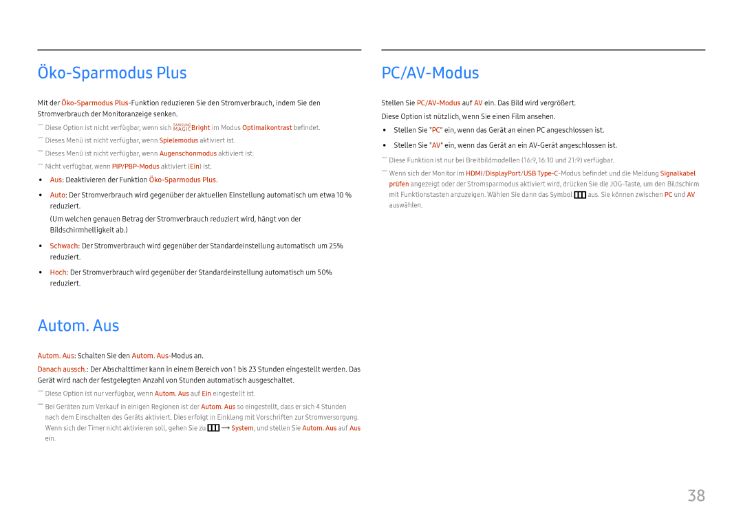 Samsung LC34H890WJUXEN manual Öko-Sparmodus Plus, Autom. Aus, PC/AV-Modus 