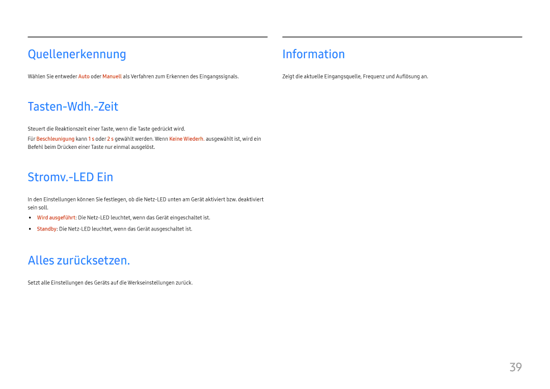 Samsung LC34H890WJUXEN manual Quellenerkennung Information, Tasten-Wdh.-Zeit, Stromv.-LED Ein, Alles zurücksetzen 