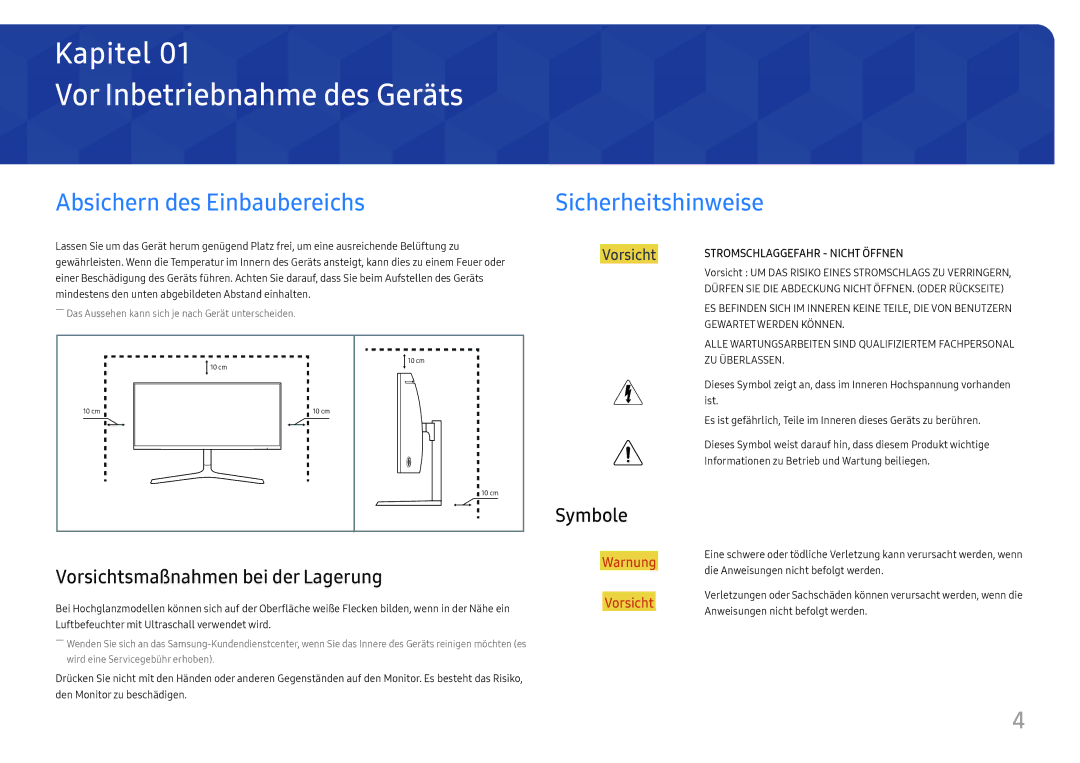 Samsung LC34H890WJUXEN manual Vor Inbetriebnahme des Geräts, Absichern des Einbaubereichs, Sicherheitshinweise, Symbole 