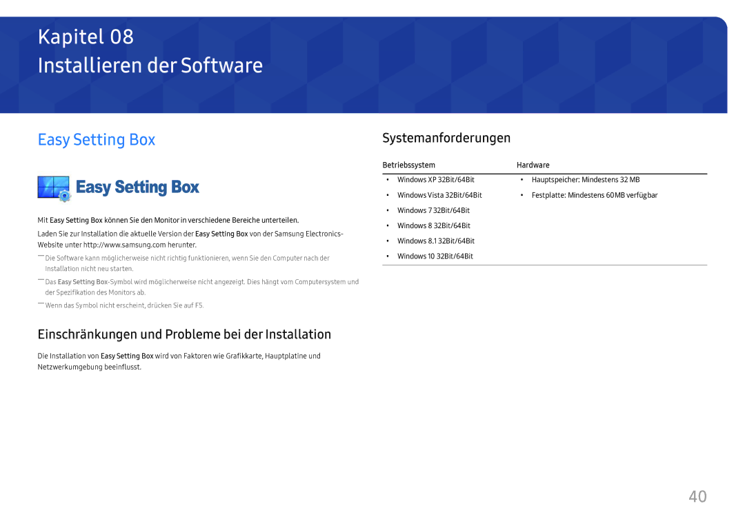 Samsung LC34H890WJUXEN Installieren der Software, Easy Setting Box, Einschränkungen und Probleme bei der Installation 