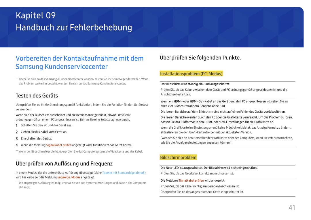 Samsung LC34H890WJUXEN manual Handbuch zur Fehlerbehebung, Testen des Geräts, Überprüfen von Auflösung und Frequenz 