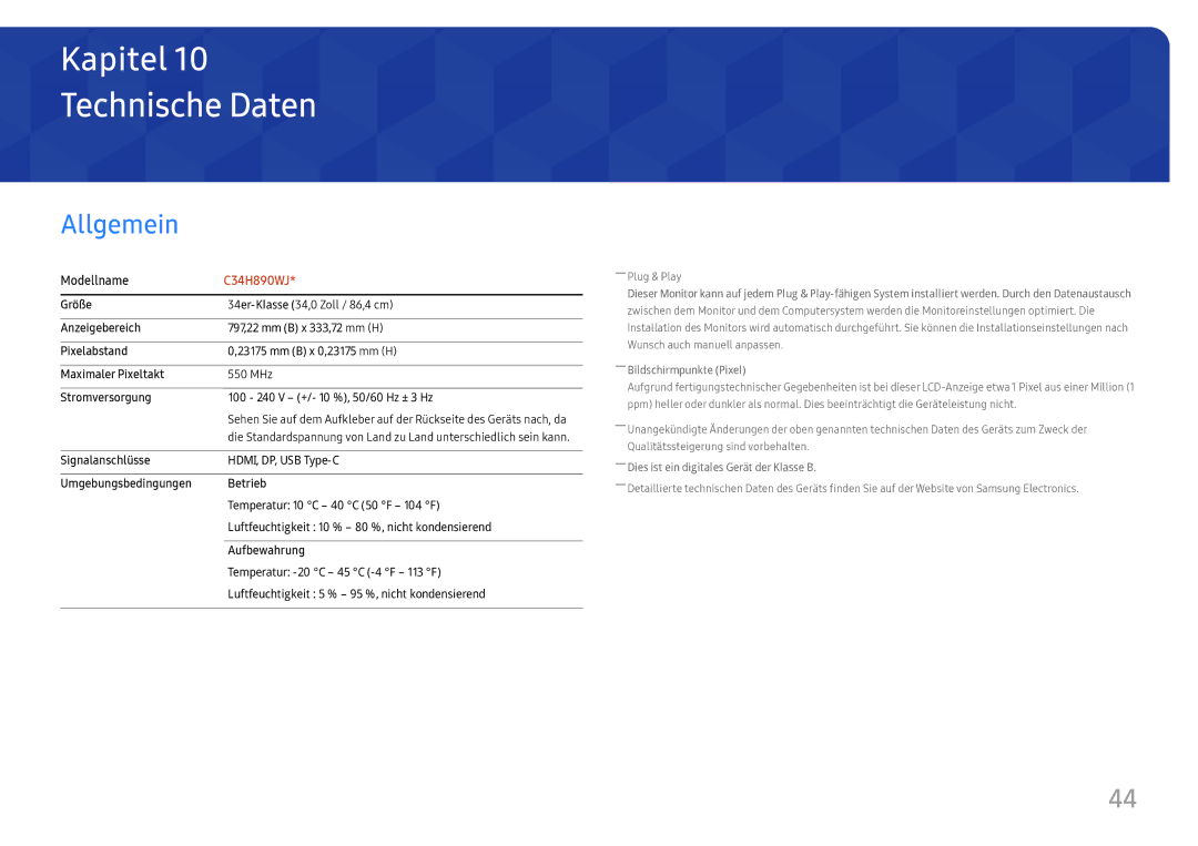 Samsung LC34H890WJUXEN manual Technische Daten, Allgemein 
