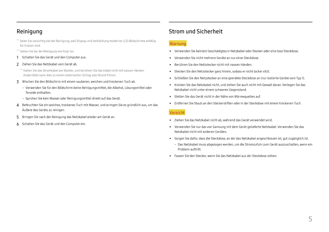 Samsung LC34H890WJUXEN manual Reinigung, Strom und Sicherheit 