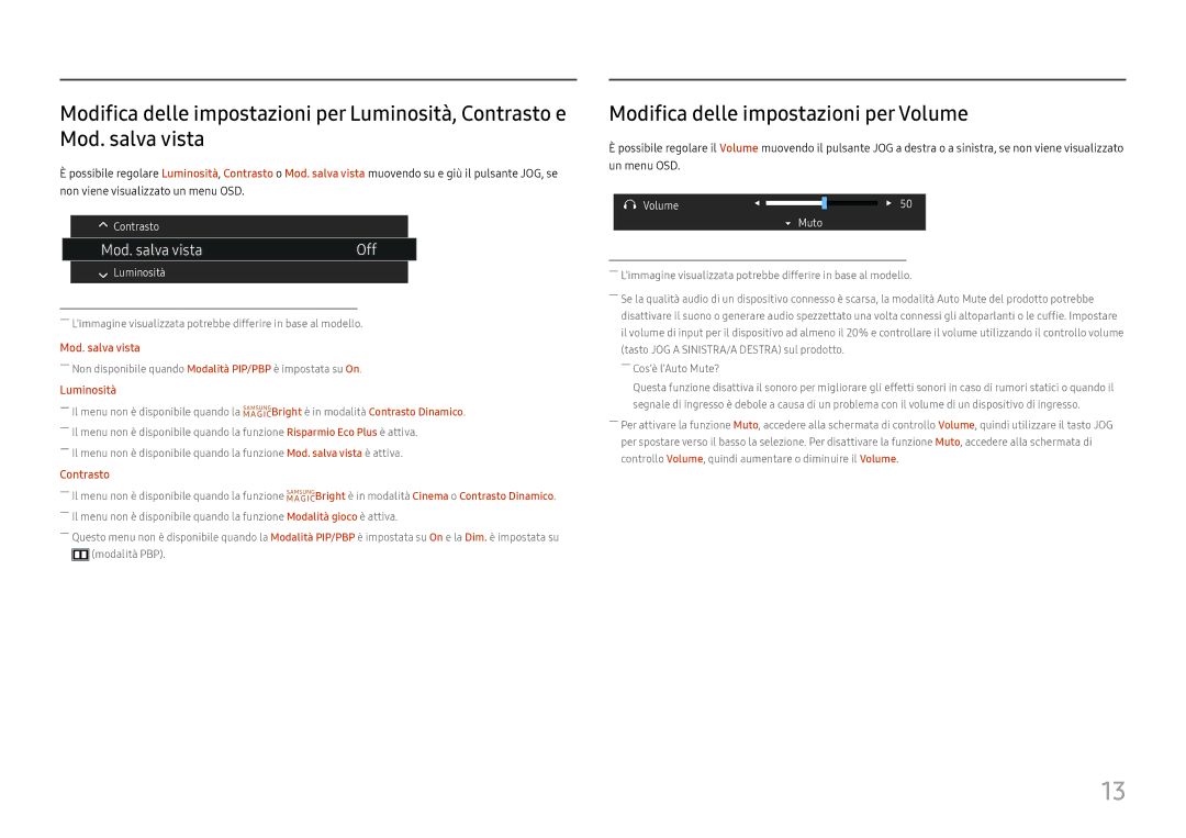 Samsung LC34H890WJUXEN manual Modifica delle impostazioni per Volume, Luminosità 