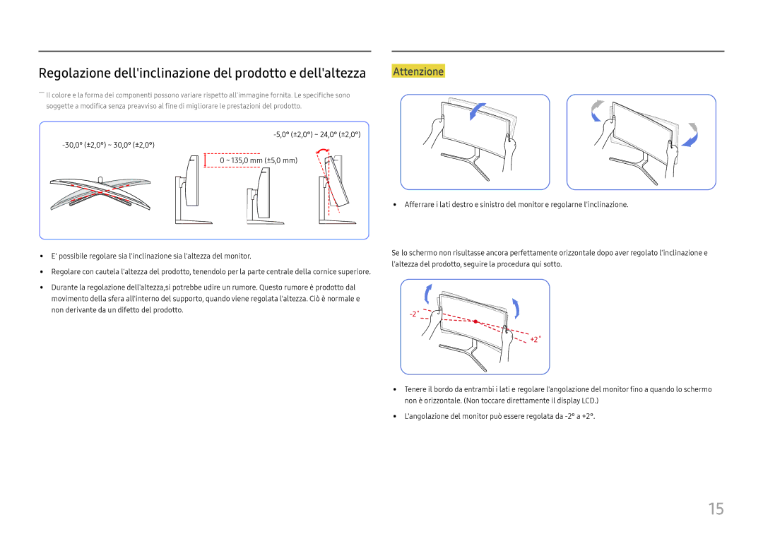 Samsung LC34H890WJUXEN manual Regolazione dellinclinazione del prodotto e dellaltezza, +2˚ 