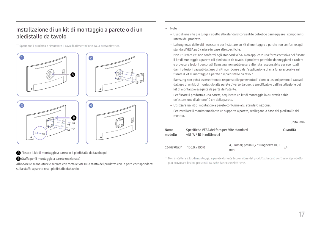 Samsung LC34H890WJUXEN manual C34H890WJ 100,0 x 100,0 Mm Φ, passo 0,7 * lunghezza 10,0 