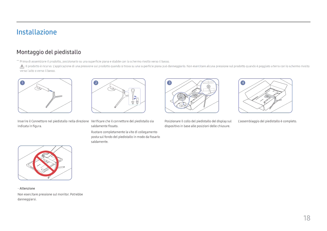 Samsung LC34H890WJUXEN manual Installazione, Montaggio del piedistallo, Attenzione 