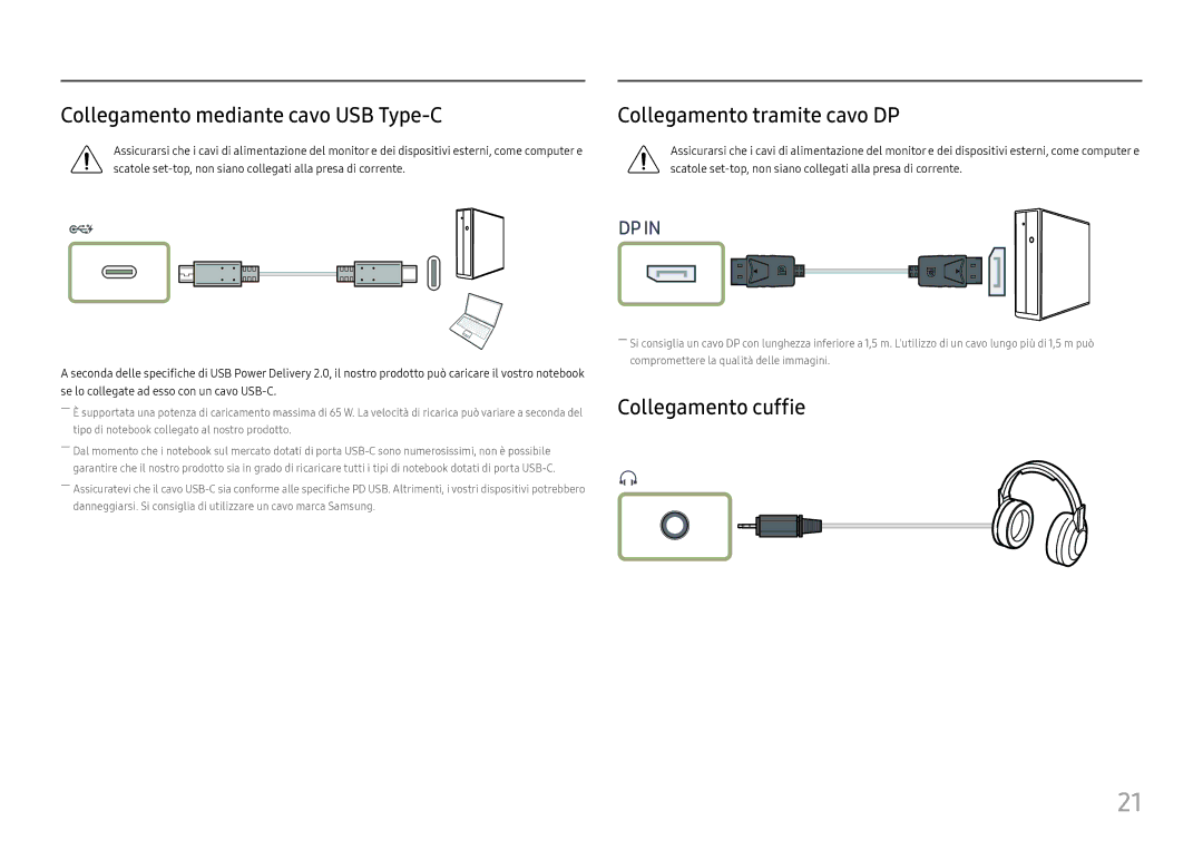 Samsung LC34H890WJUXEN manual Collegamento mediante cavo USB Type-C, Collegamento tramite cavo DP, Collegamento cuffie 