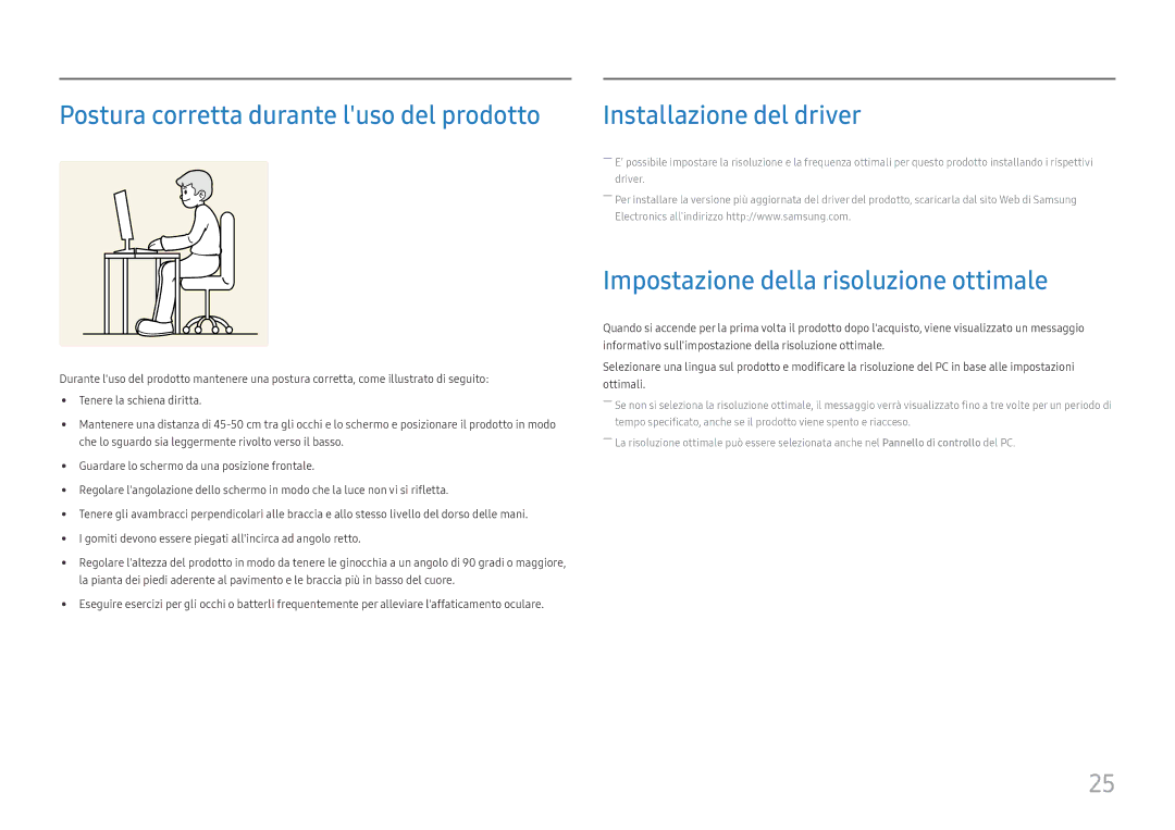 Samsung LC34H890WJUXEN manual Postura corretta durante luso del prodotto, Impostazione della risoluzione ottimale 