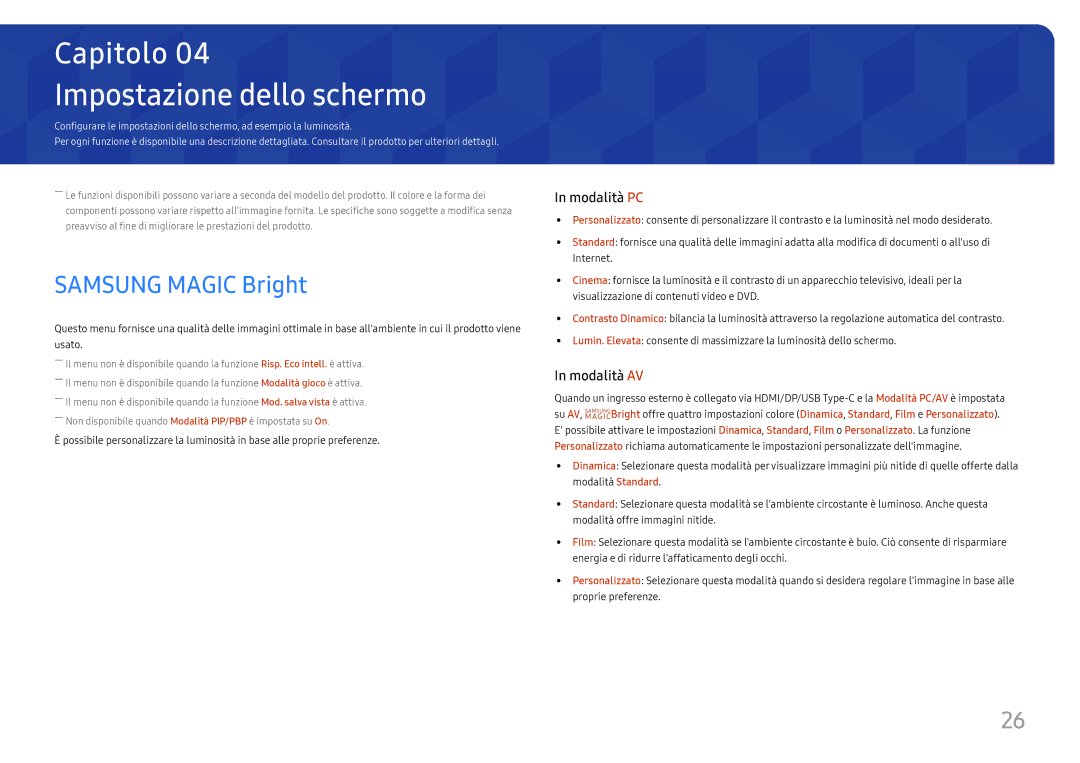 Samsung LC34H890WJUXEN manual Impostazione dello schermo, Samsung Magic Bright 