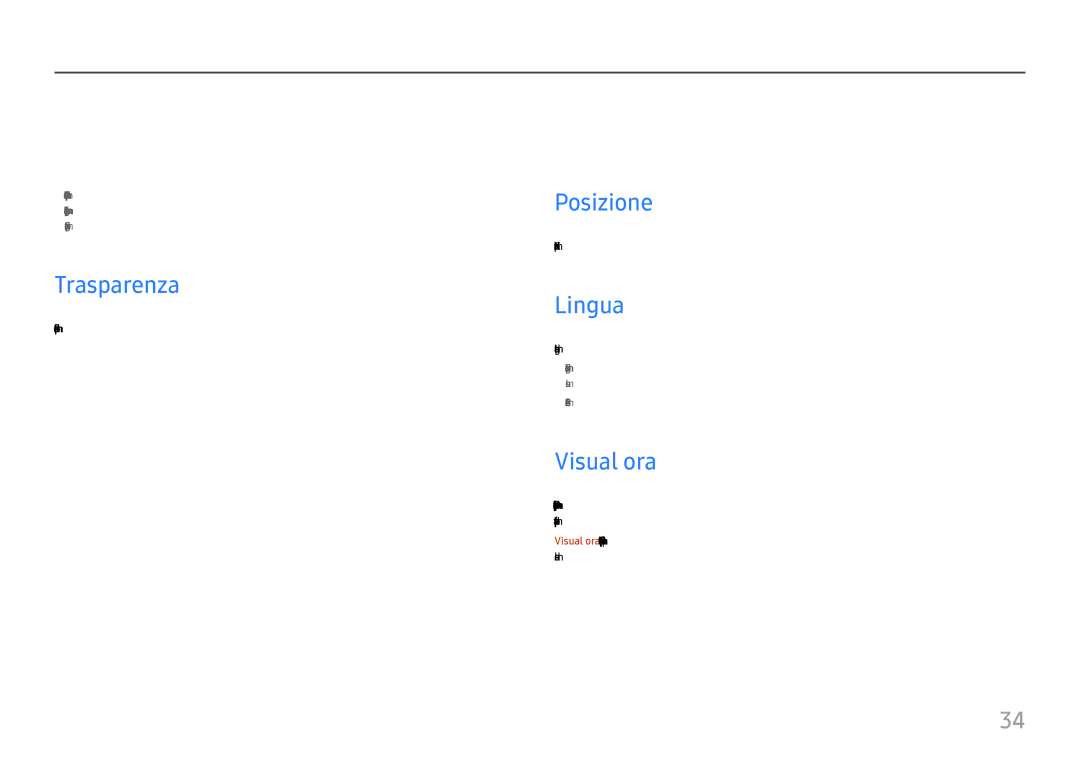 Samsung LC34H890WJUXEN manual Adattamento delle impostazioni per OSD On Screen Display, Trasparenza, Lingua, Visual ora 