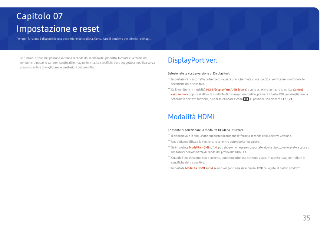 Samsung LC34H890WJUXEN manual Impostazione e reset, DisplayPort ver, Modalità Hdmi 