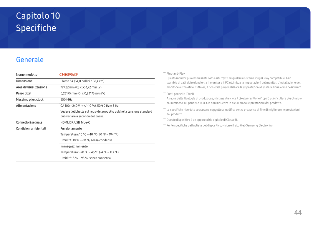 Samsung LC34H890WJUXEN manual Specifiche, Generale 
