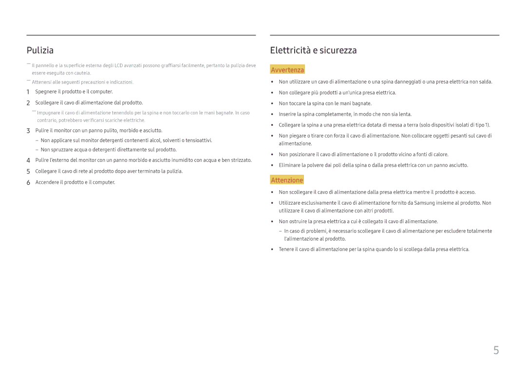 Samsung LC34H890WJUXEN manual Pulizia, Elettricità e sicurezza 