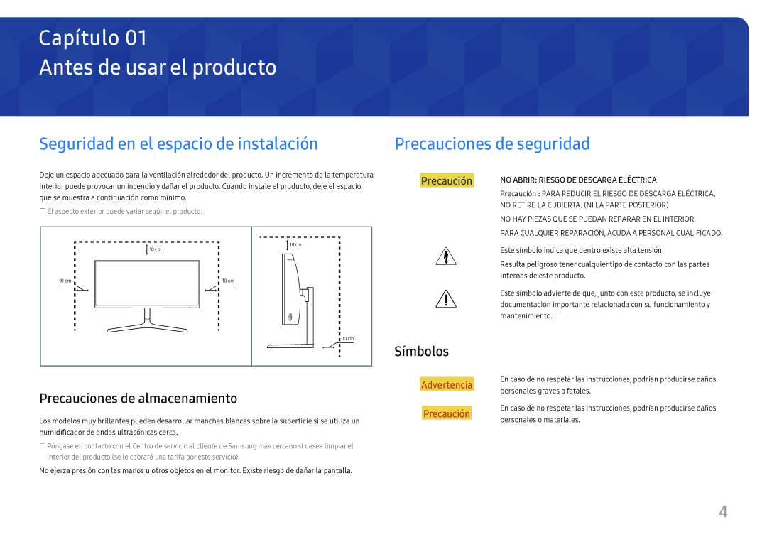 Samsung LC34H890WJUXEN manual Antes de usar el producto, Precauciones de almacenamiento, Símbolos 