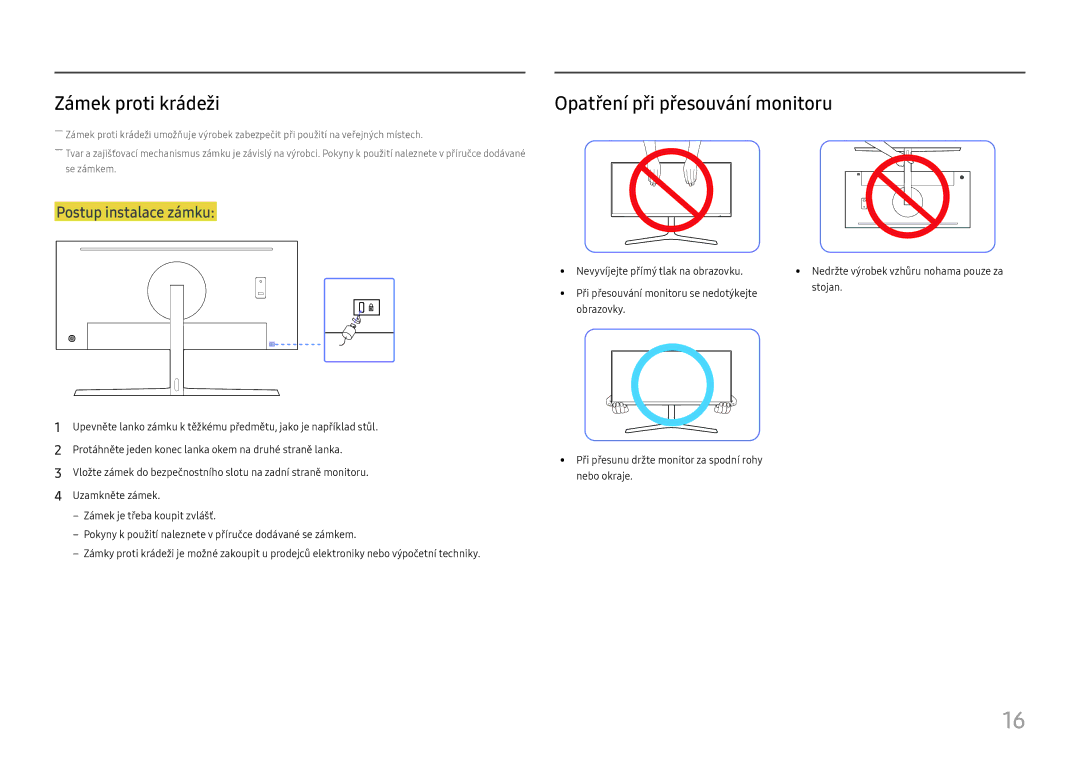 Samsung LC34H890WJUXEN manual Zámek proti krádeži, Opatření při přesouvání monitoru 