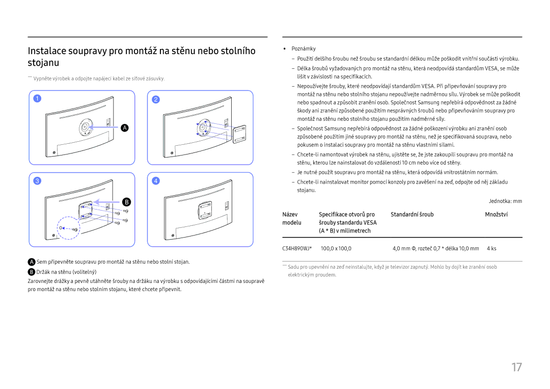 Samsung LC34H890WJUXEN manual Instalace soupravy pro montáž na stěnu nebo stolního stojanu 