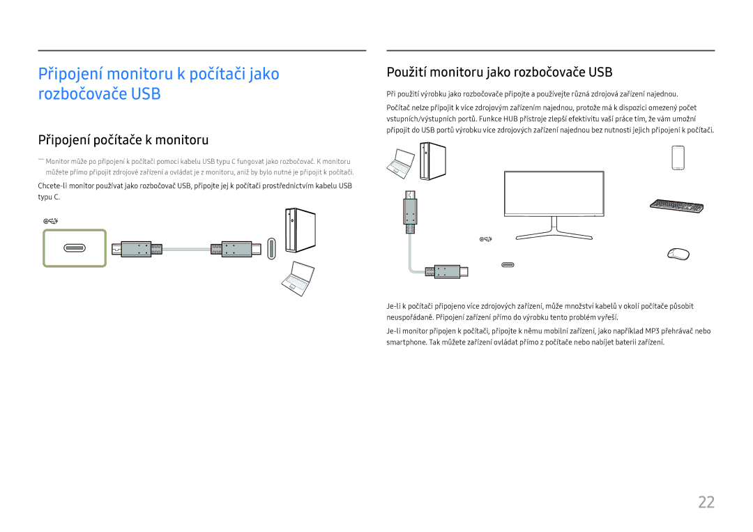 Samsung LC34H890WJUXEN manual Připojení monitoru k počítači jako rozbočovače USB, Připojení počítače k monitoru 