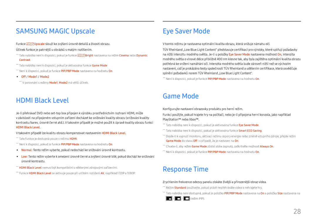 Samsung LC34H890WJUXEN manual Samsung Magic Upscale, Eye Saver Mode, Hdmi Black Level, Game Mode, Response Time 