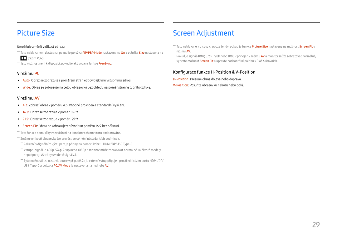 Samsung LC34H890WJUXEN manual Picture Size, Screen Adjustment 