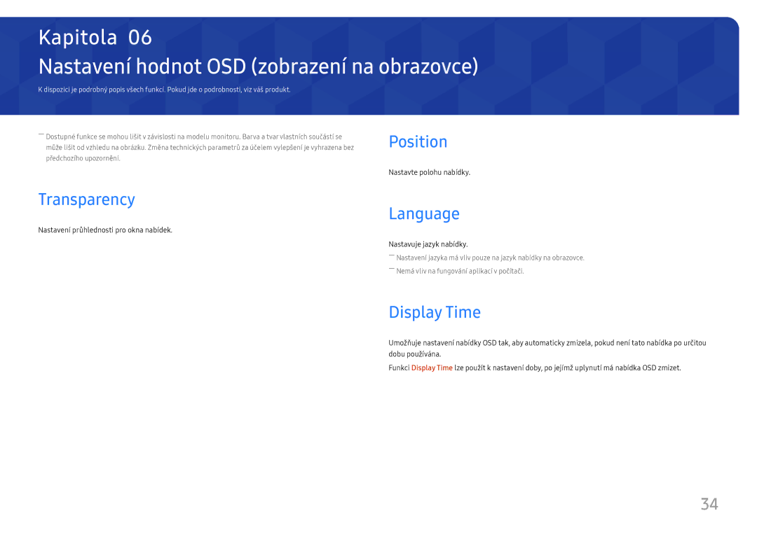 Samsung LC34H890WJUXEN manual Nastavení hodnot OSD zobrazení na obrazovce, Transparency, Language, Display Time 