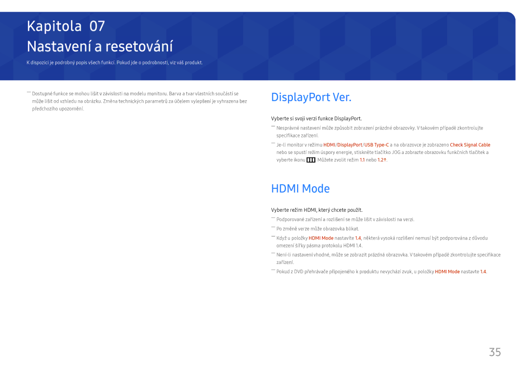 Samsung LC34H890WJUXEN manual Nastavení a resetování, DisplayPort Ver, Hdmi Mode 