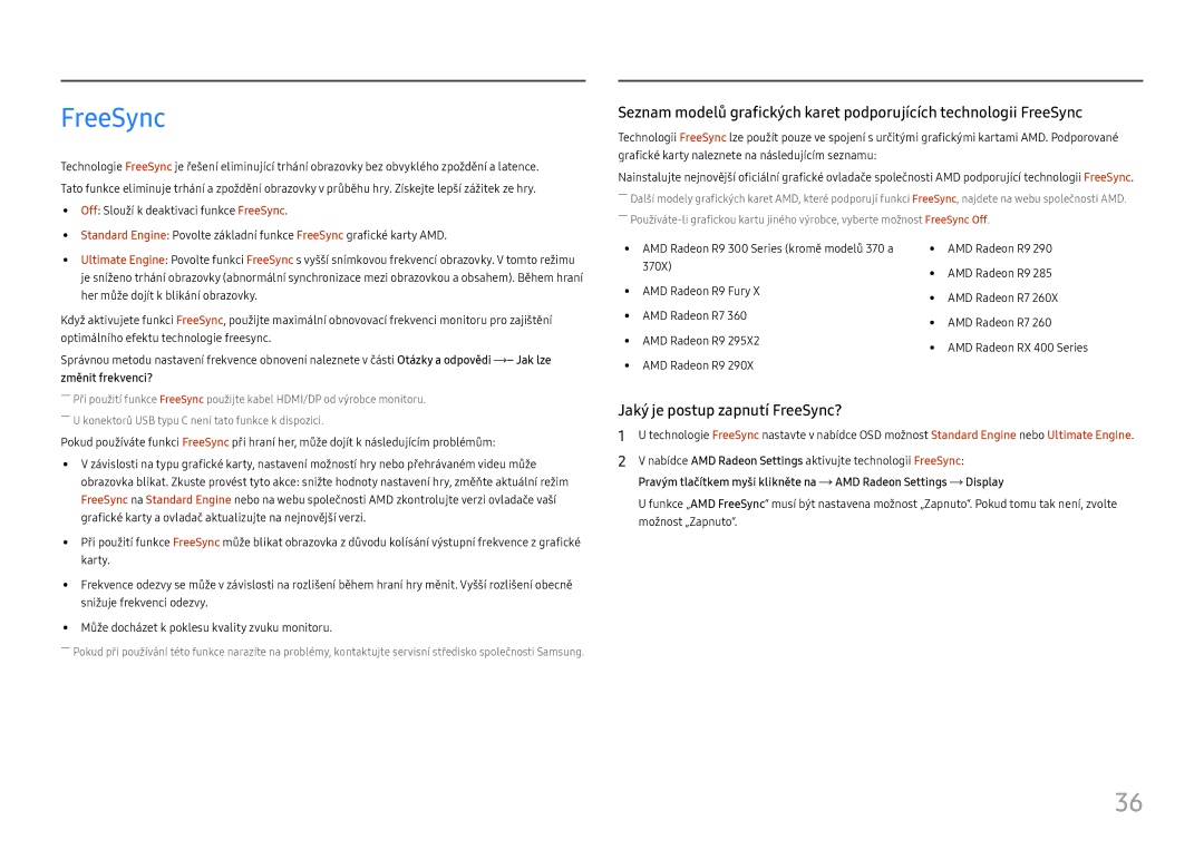 Samsung LC34H890WJUXEN manual Jaký je postup zapnutí FreeSync? 