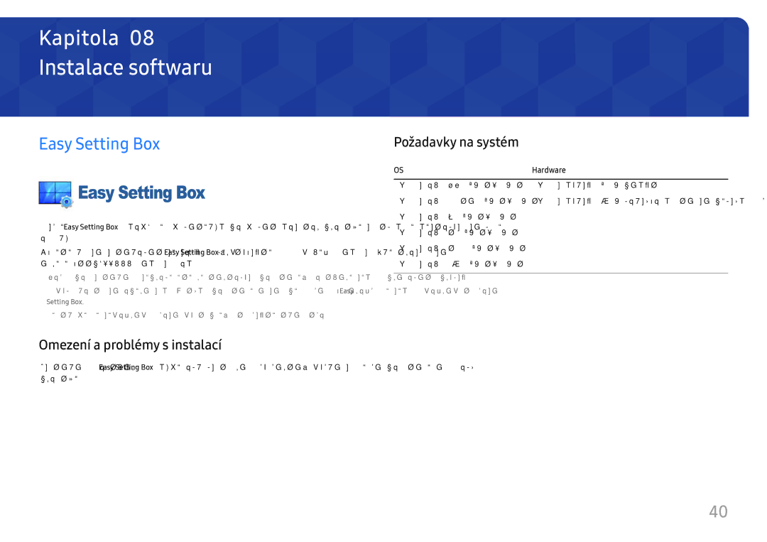 Samsung LC34H890WJUXEN manual Instalace softwaru, Easy Setting Box, Omezení a problémy s instalací, Požadavky na systém 