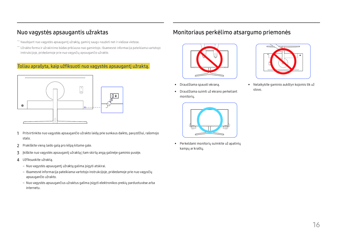 Samsung LC34H890WJUXEN manual Nuo vagystės apsaugantis užraktas, Monitoriaus perkėlimo atsargumo priemonės 