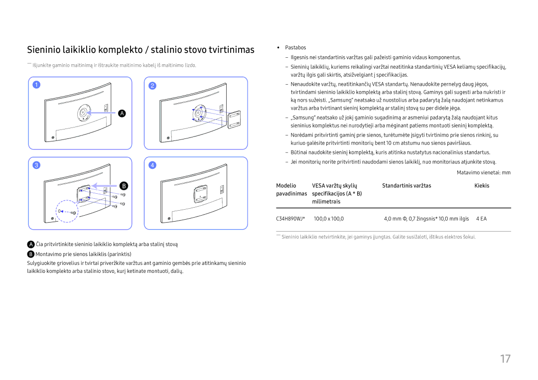 Samsung LC34H890WJUXEN manual Sieninio laikiklio komplekto / stalinio stovo tvirtinimas, Matavimo vienetai mm 