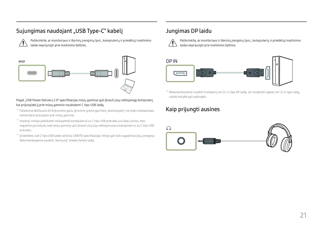 Samsung LC34H890WJUXEN manual Sujungimas naudojant „USB Type-C kabelį, Jungimas DP laidu, Kaip prijungti ausines 