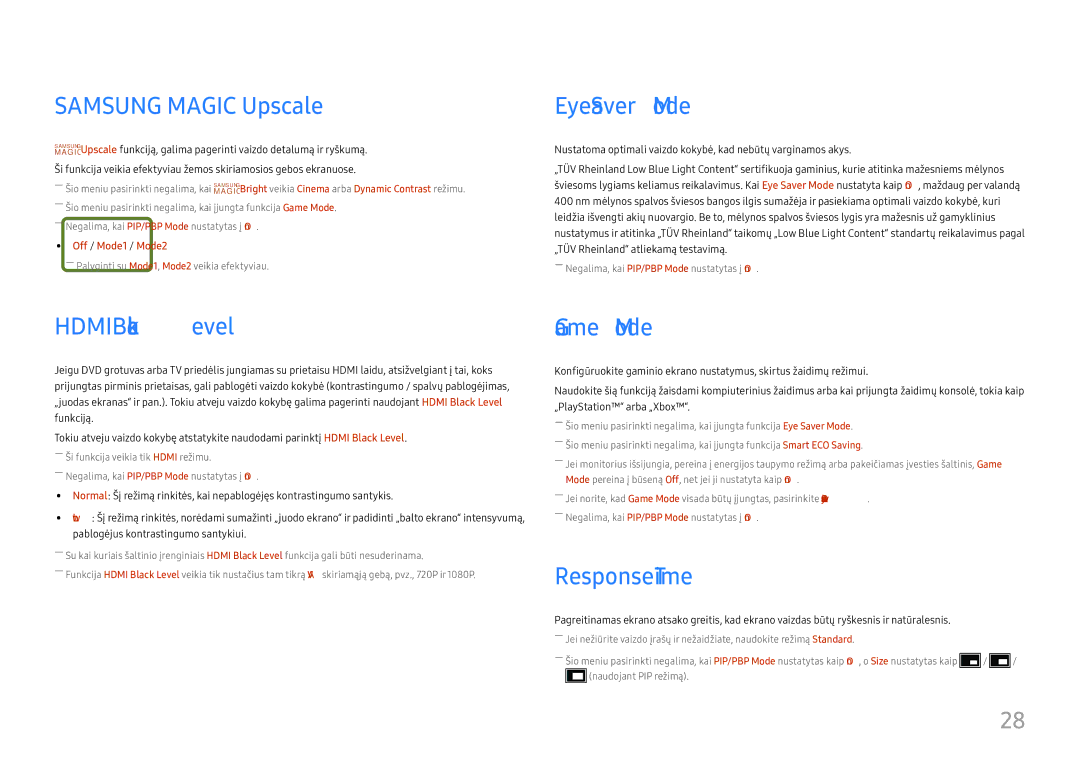 Samsung LC34H890WJUXEN manual Samsung Magic Upscale, Eye Saver Mode, Hdmi Black Level, Game Mode, Response Time 