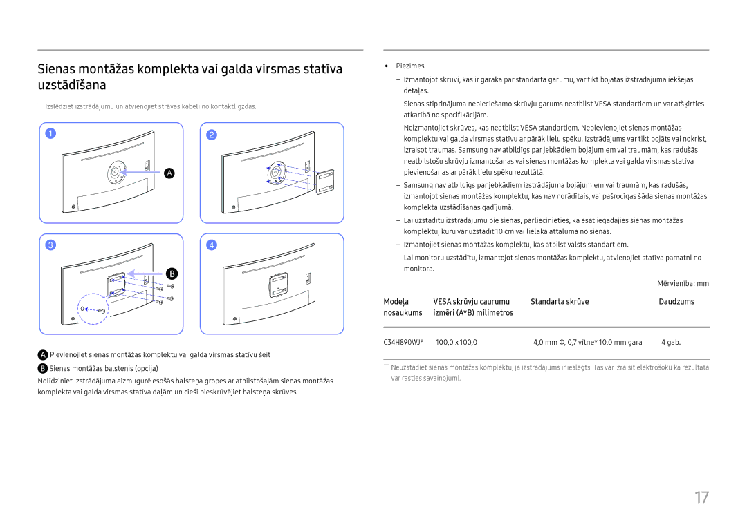 Samsung LC34H890WJUXEN manual Mērvienība mm, C34H890WJ 100,0 x 100,0 Mm Φ, 0,7 vītne* 10,0 mm gara Gab 